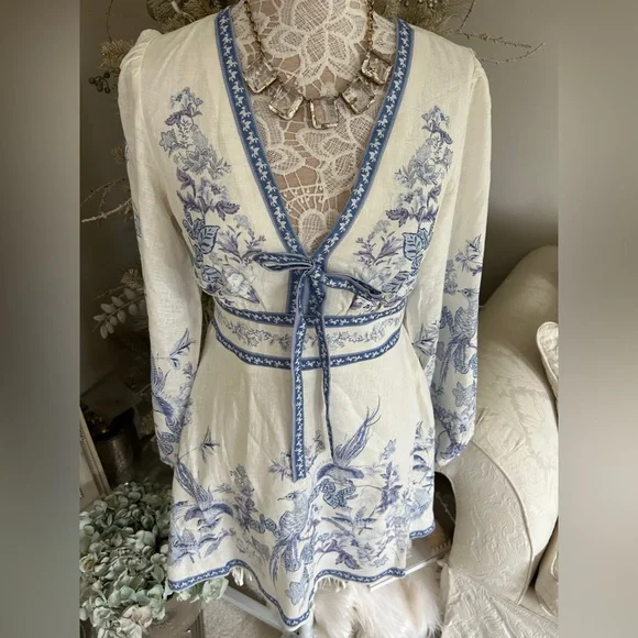 Caroline Constas Ivory and Blue Floral Mini Dress - Picture 3 of 16